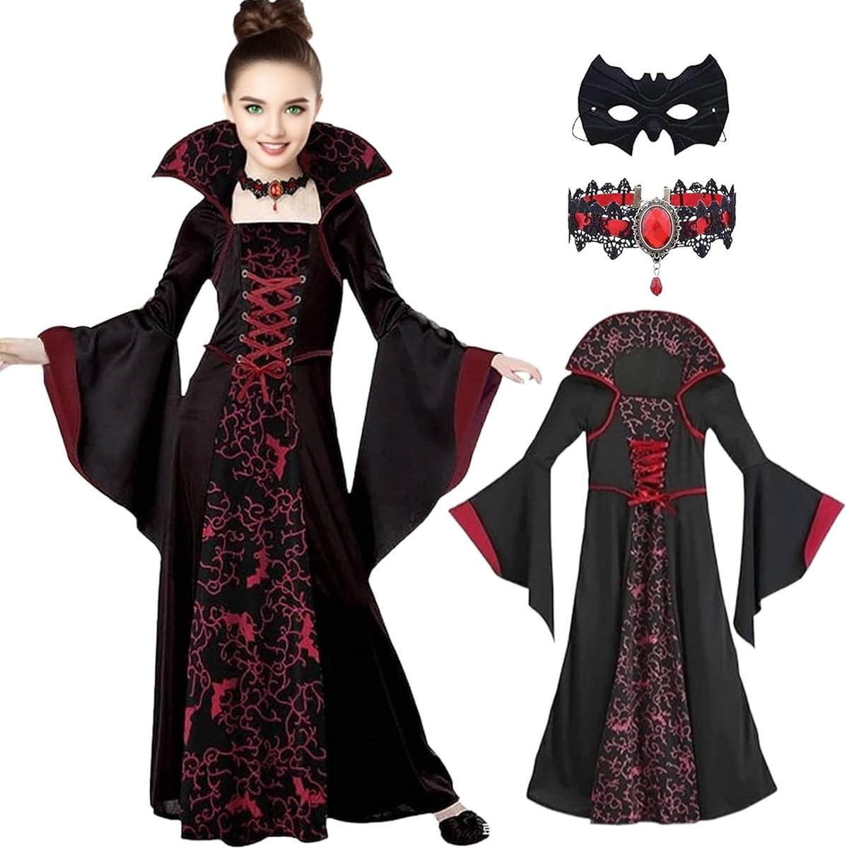 Vampier Kostuum voor Meisjes met Gothic Jurk en Ketting voor Halloween en Carnaval Feestjes