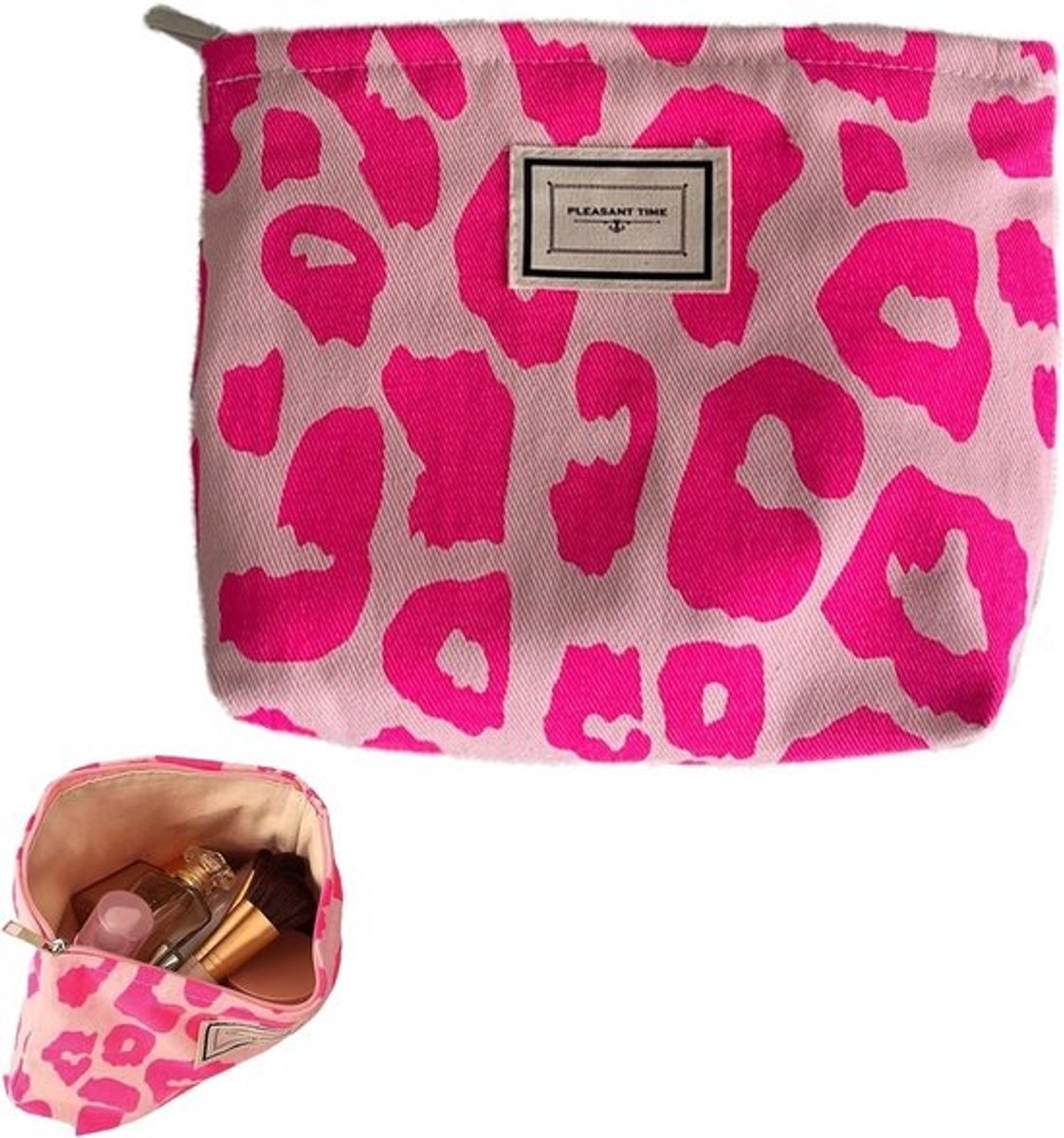 Roze luipaardpatroon make-uptas groot canvas toilettas voor vrouwen en meisjes