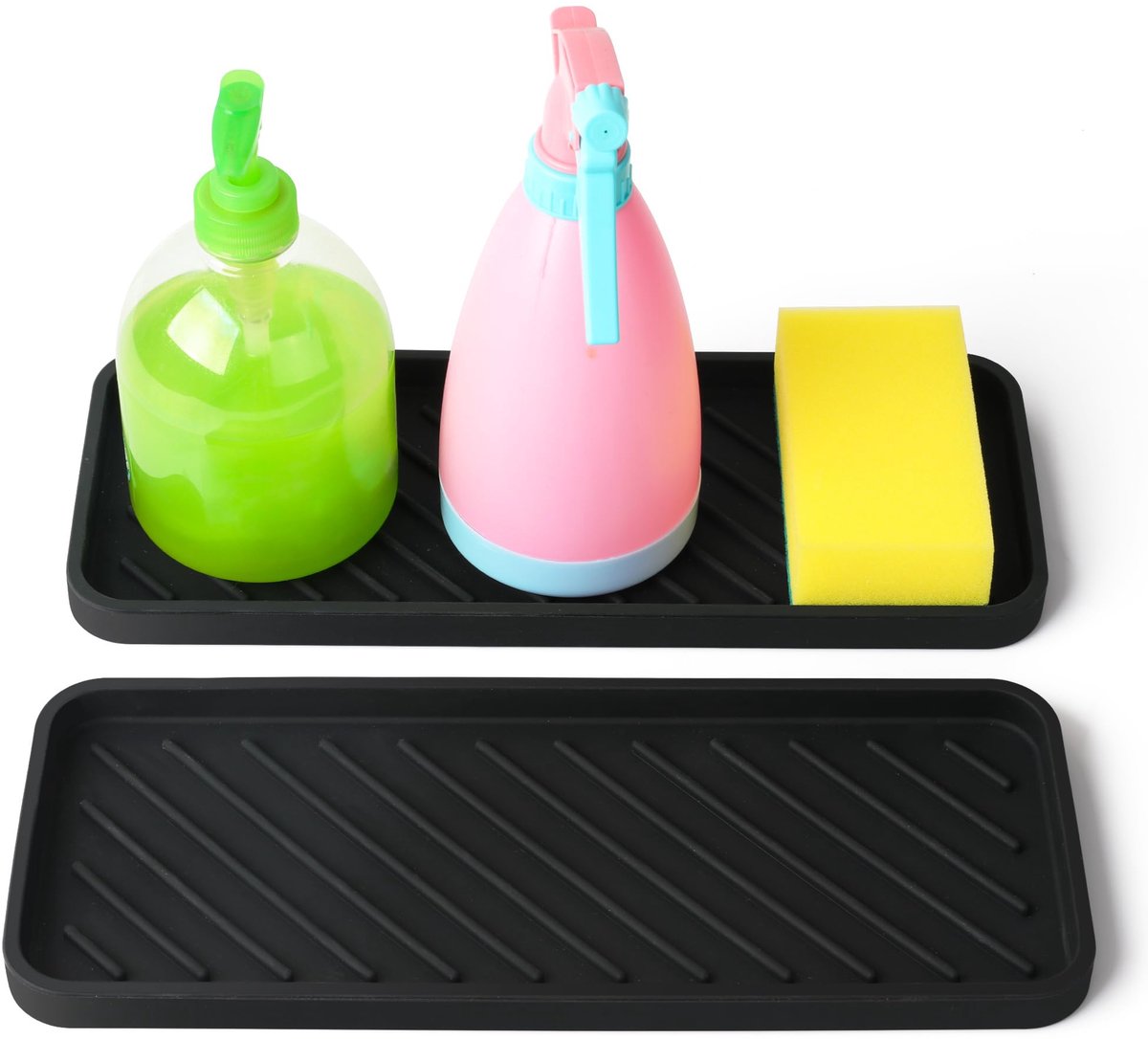 Siliconen Afdruipmat - Organizer voor sponzen, afwasmiddel, zeep en shampoo - Voor keuken en badkamer spoelbak - 2 stuks - 30,5 x 12 cm - Zwart