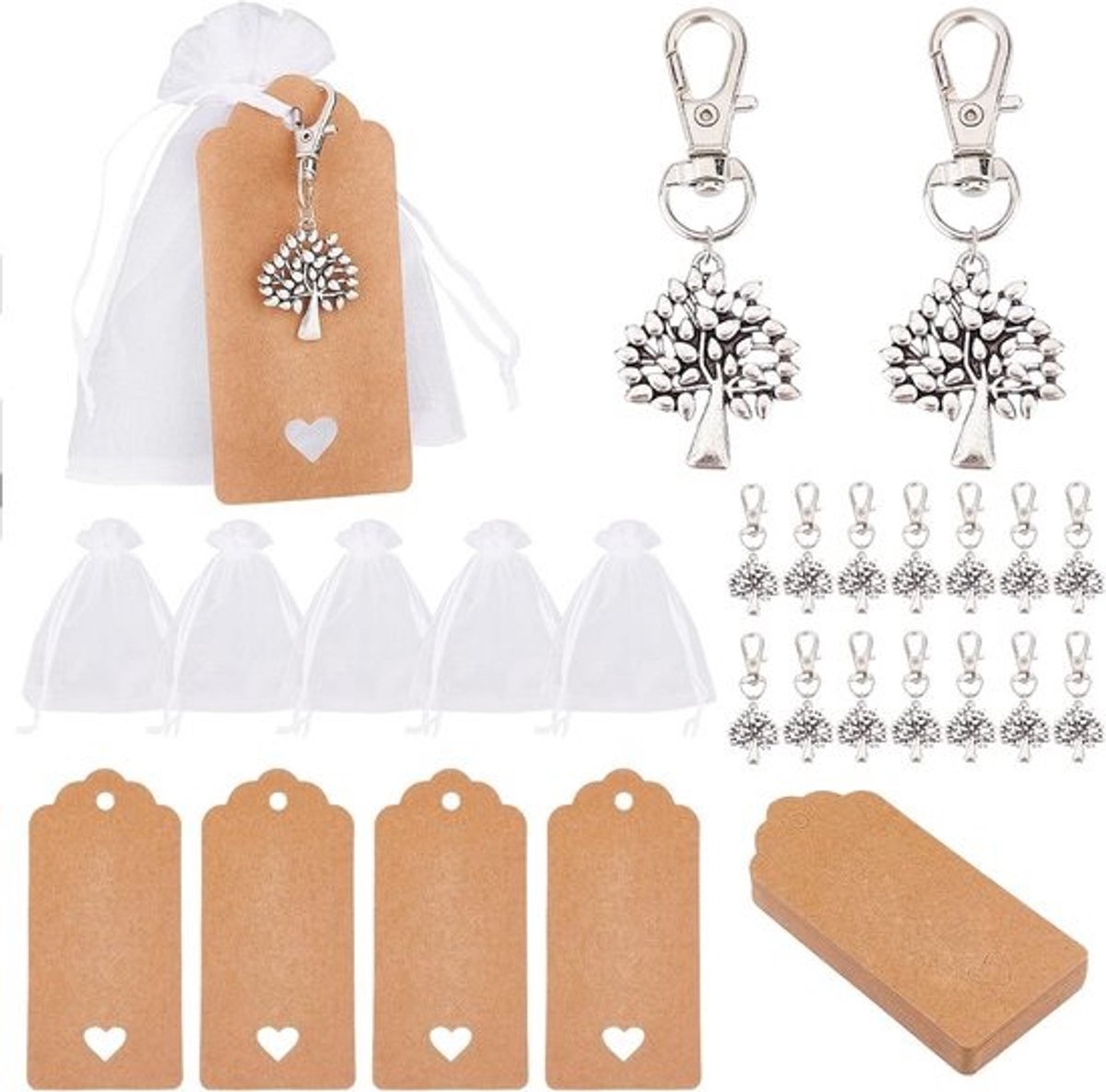 24x Cadeautjes Bedankje Gasten - Levensboom Sleutelhanger met Kraft Label voor Bruiloft, Doop, Communie