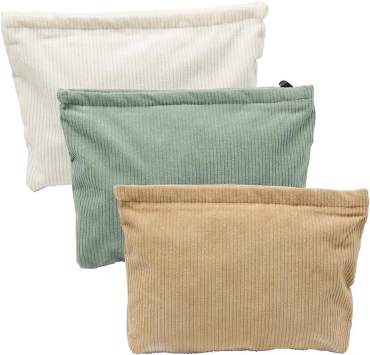 3-delige kleine cosmetische tas met rits - Corduroy toilettas voor make-up, sieraden en meer - Melk wit, kaki, groen (25 x 18 x 5 cm)
