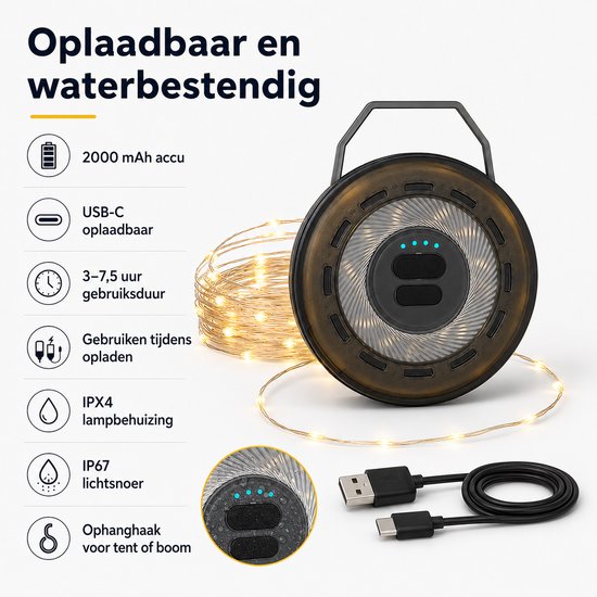 Oplaadbare Campinglamp - 10 m Oprolbaar Lichtsnoer - 2000 mAh - 6 Lichtstanden - USB-C - IPX4 — afbeelding 2