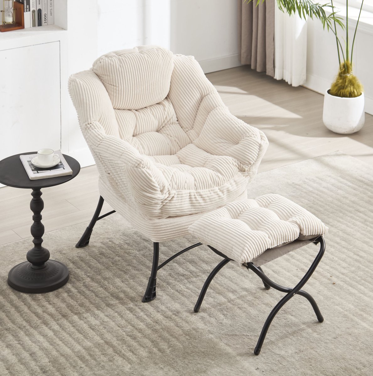REDOM - Fauteuil met hocker - Stalen frame - Met armleuningen en zijvak - Ergonomische rugleuning - Lounge - Woonkamer of slaapkamer - Stof - Wit - 95 x 80 cm