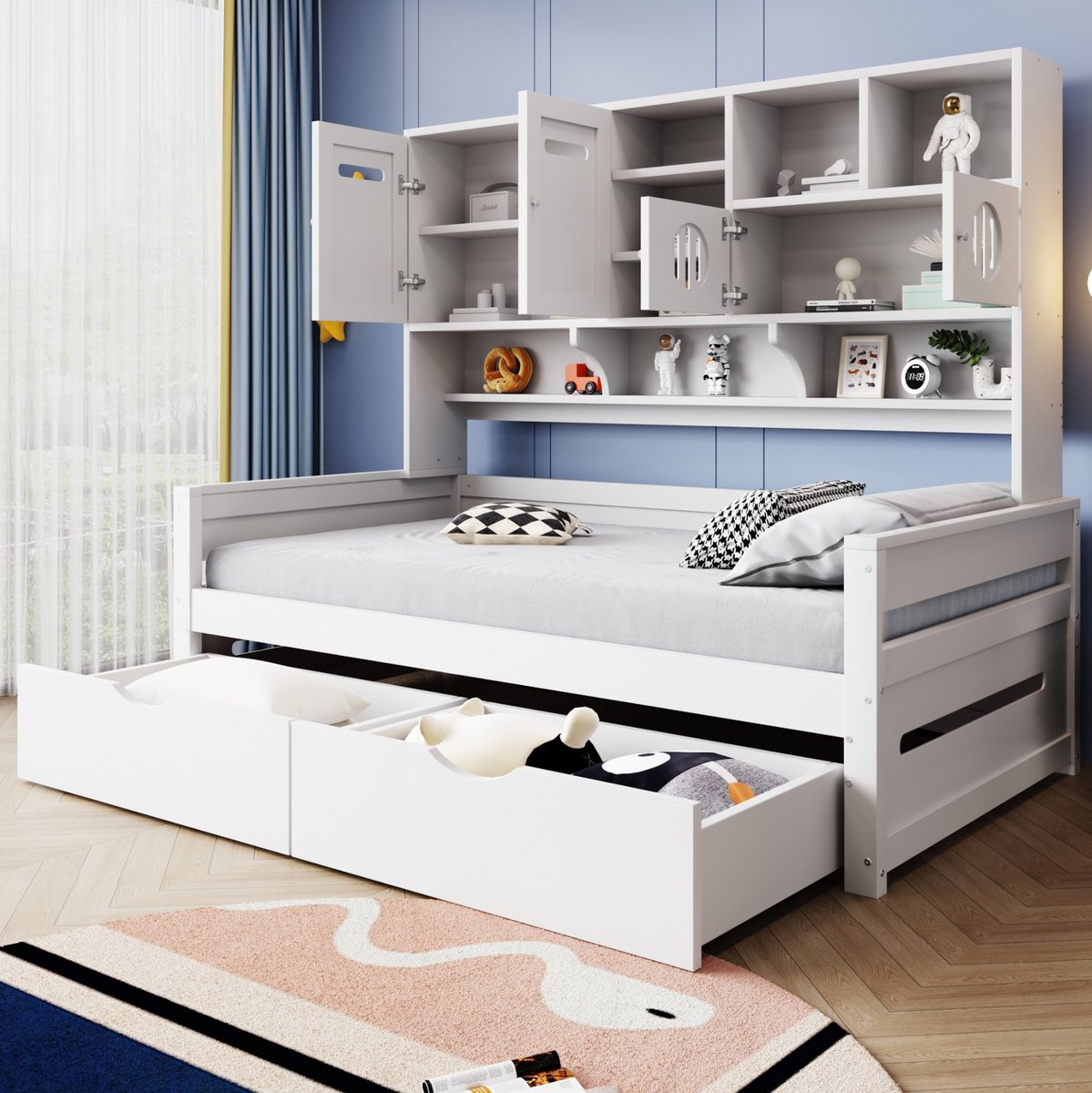 REDOM - Bed - Multifunctioneel opbergbed met 2 lades en bovenkast - Lattenbodem - Hout en MDF - Wit - Eenpersoons - 205 x 94,5 x 165,8 cm