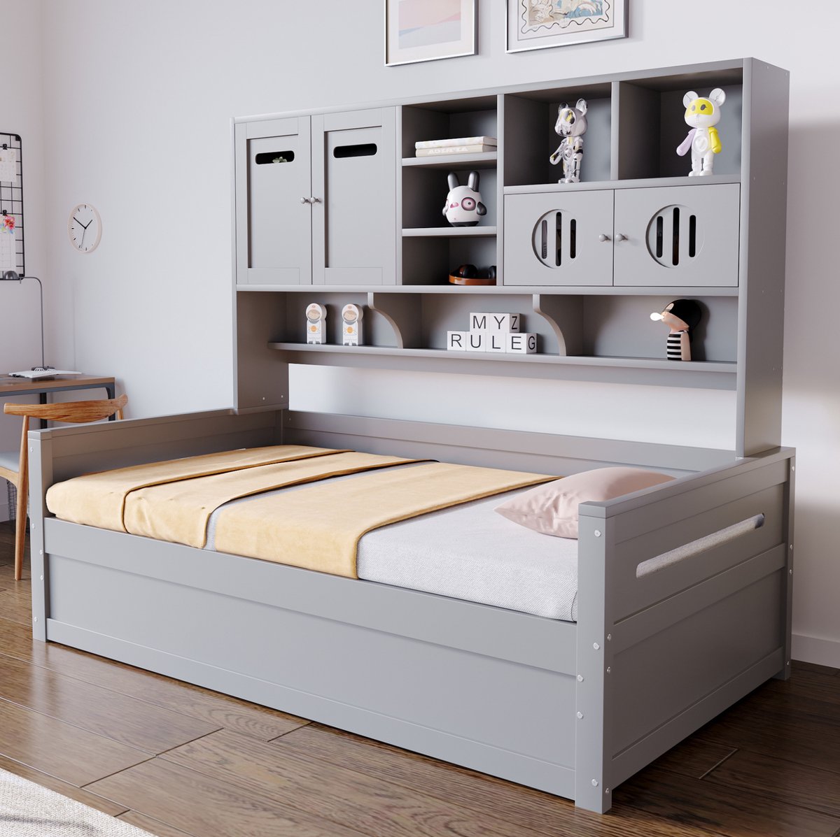 REDOM - Bedbank met opbergruimte - Houten frame - Lattenbodem - Inclusief opbergruimte - Slaapbank - Slaapkamer - Hout - Grijs - 205 x 94,5 x 165,8 cm