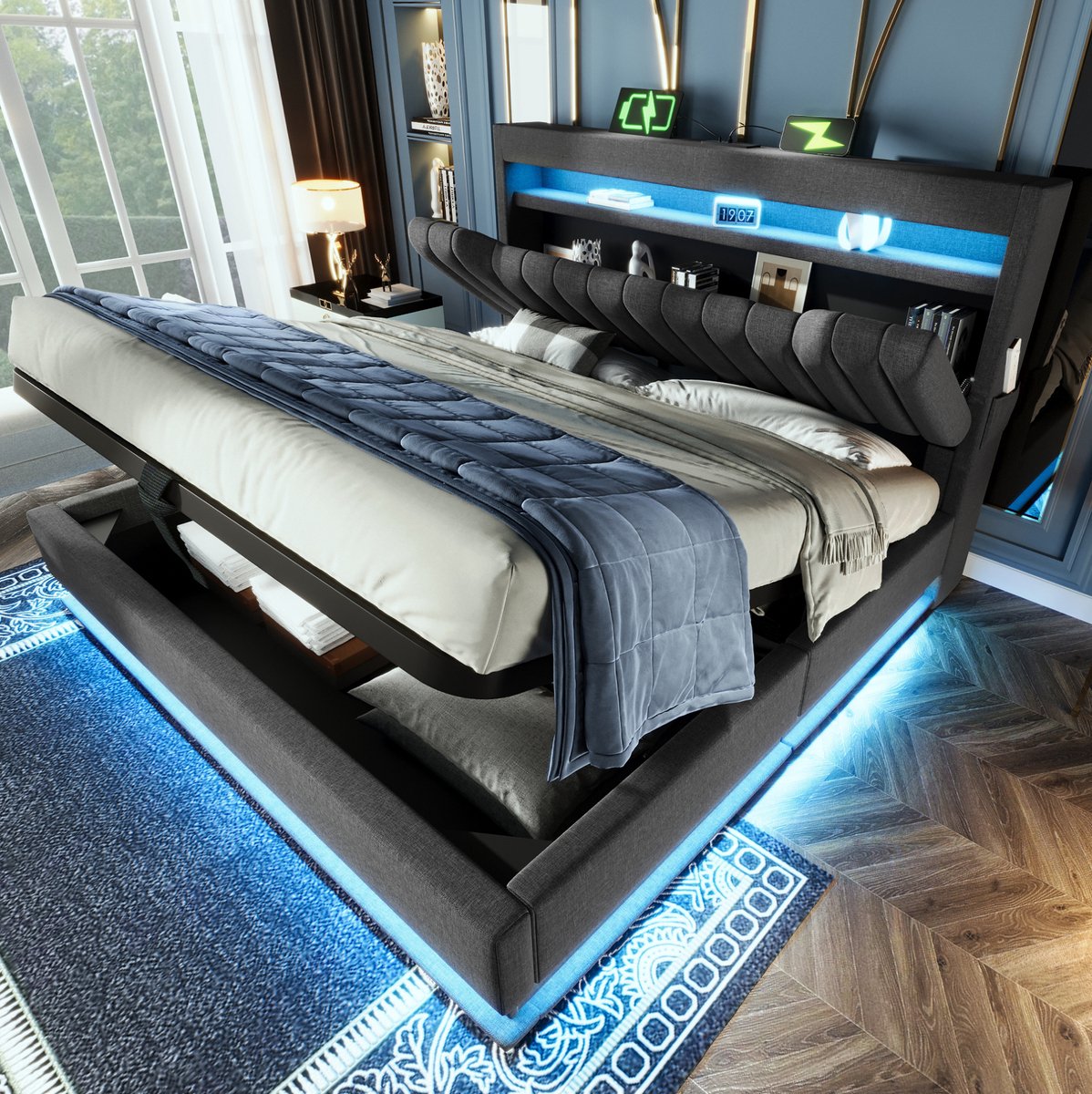REDOM - Bedframe met opbergruimte - Gestoffeerd hoofdeinde met USB- en Type-C-oplaadfunctie - LED-verlichting - Stof - Grijs - 182 x 218 x 112 cm