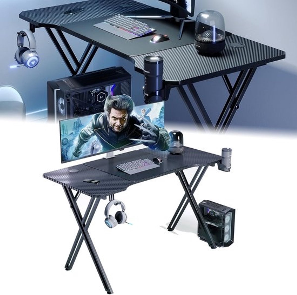 Ergonomisch Gaming Bureau met Koolstofvezel Oppervlak, Bekerhouder en Headsethaak
