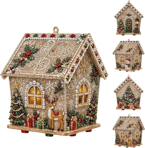 Drie-dimensionaal kersthuisje met kerstboom, geschenken, een hert, en gedetailleerde versieringen.
