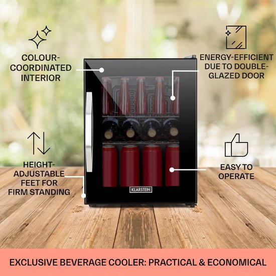 Klarstein Mini Koelkast met Glazen Deur, Mini Koelkast voor Kamer, Kleine Drankkoelkast met Verstelbare Planken, 33 Liter, Stille Indoor/Outdoor Koelkast - Compact - Zwart - LED Touch - Mini Fridge - Hotelkoelkast - Kleine Koelkast van Klarstein — afbeelding 5