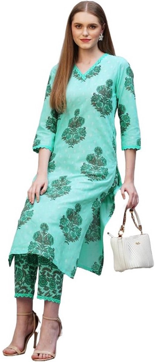 Dames Kurta Set met Lange Broek Katoenmix Bedrukt