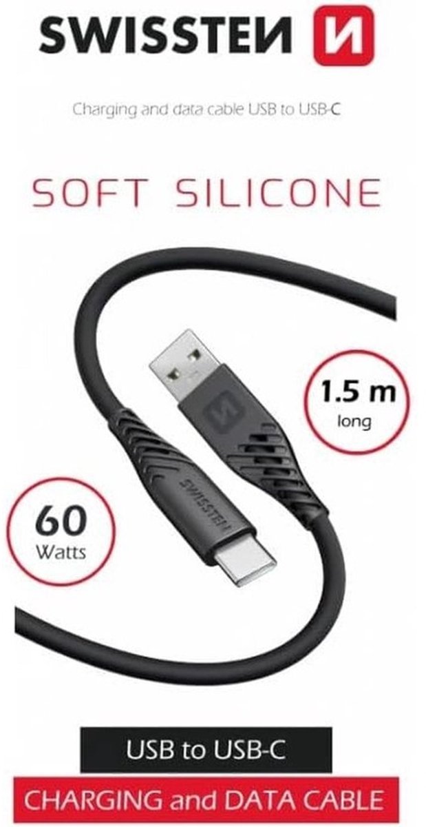 USB/USB-C kabel 1,5 meter - zacht siliconen - geschikt voor snelladen tot 60W - zwart