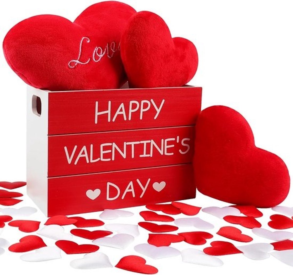 Houten Valentijnsdag Decoratieset met Pluche Harten en Rozenblaadjes