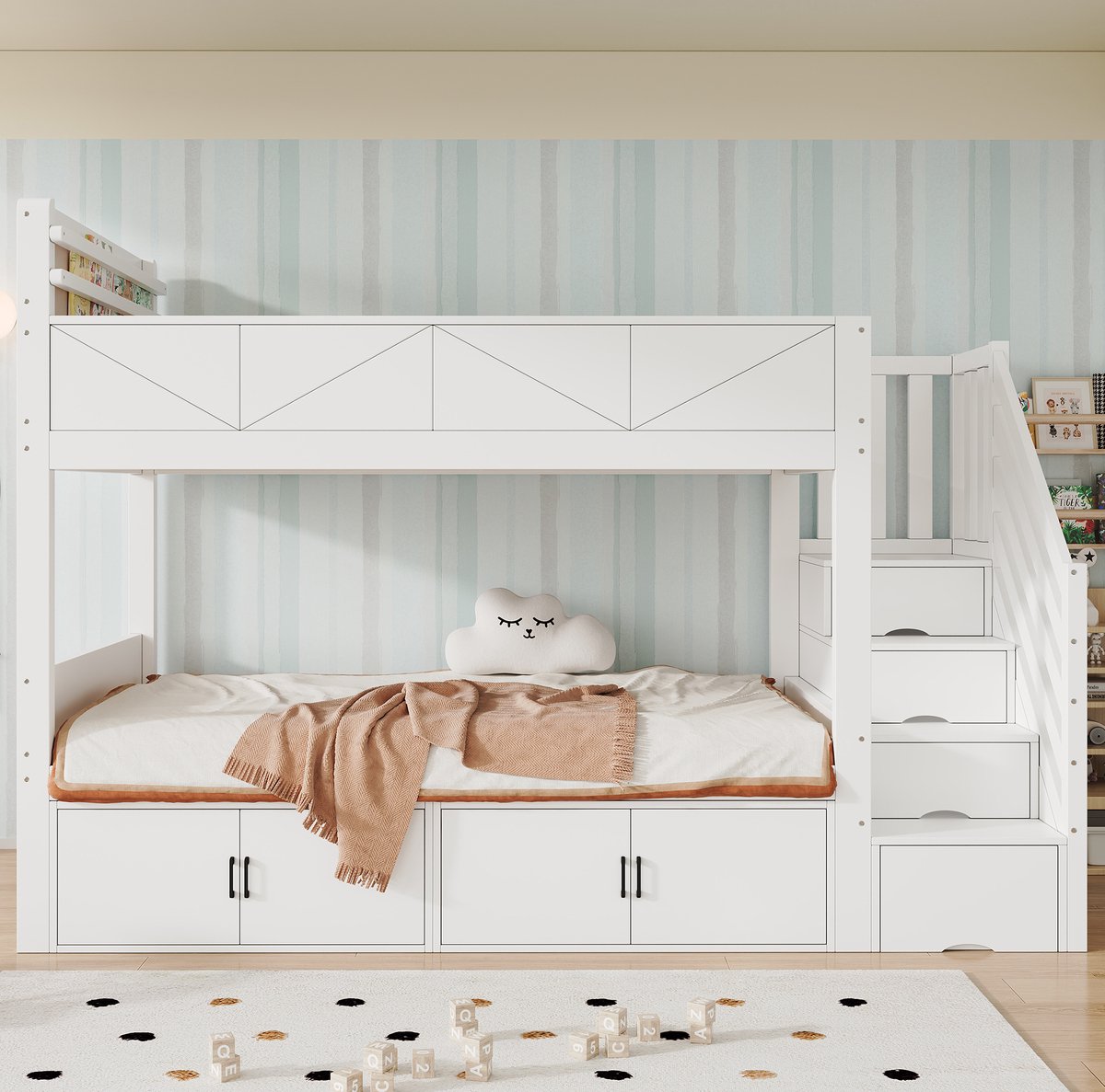 REDOM - Stapelbed - 90 x 200 cm slaapplaatsen - Opbergtrap en gesloten schrankfächer - Verhoogde valbeveiliging - Modern paneel-design - Kinderkamer - Hout - Wit - 254 x 95 x 189 cm