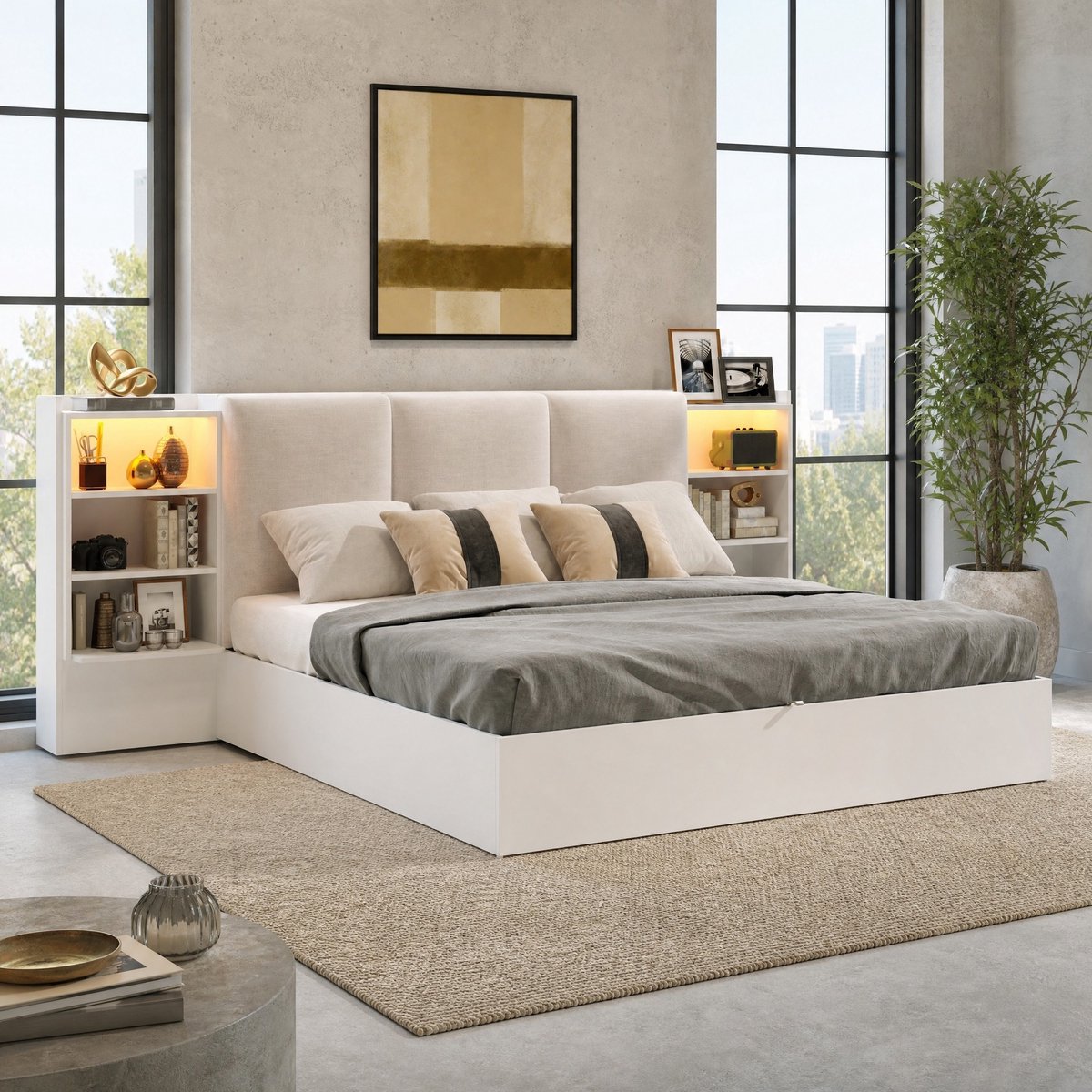 REDOM - Bedframe met opbergruimte - Gestoffeerd hoofdbord - LED verlichting - Open opbergvakken - Moderne stijl - Slaapkamer - MDF - Wit - 180 x 200 cm