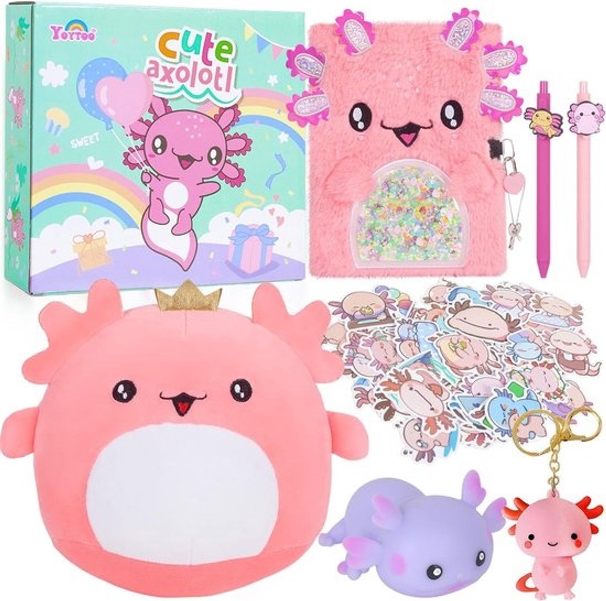 Cadeaus voor meiden: Axolotl Pluche Dieren, Dagboek, Balpen en Stickers