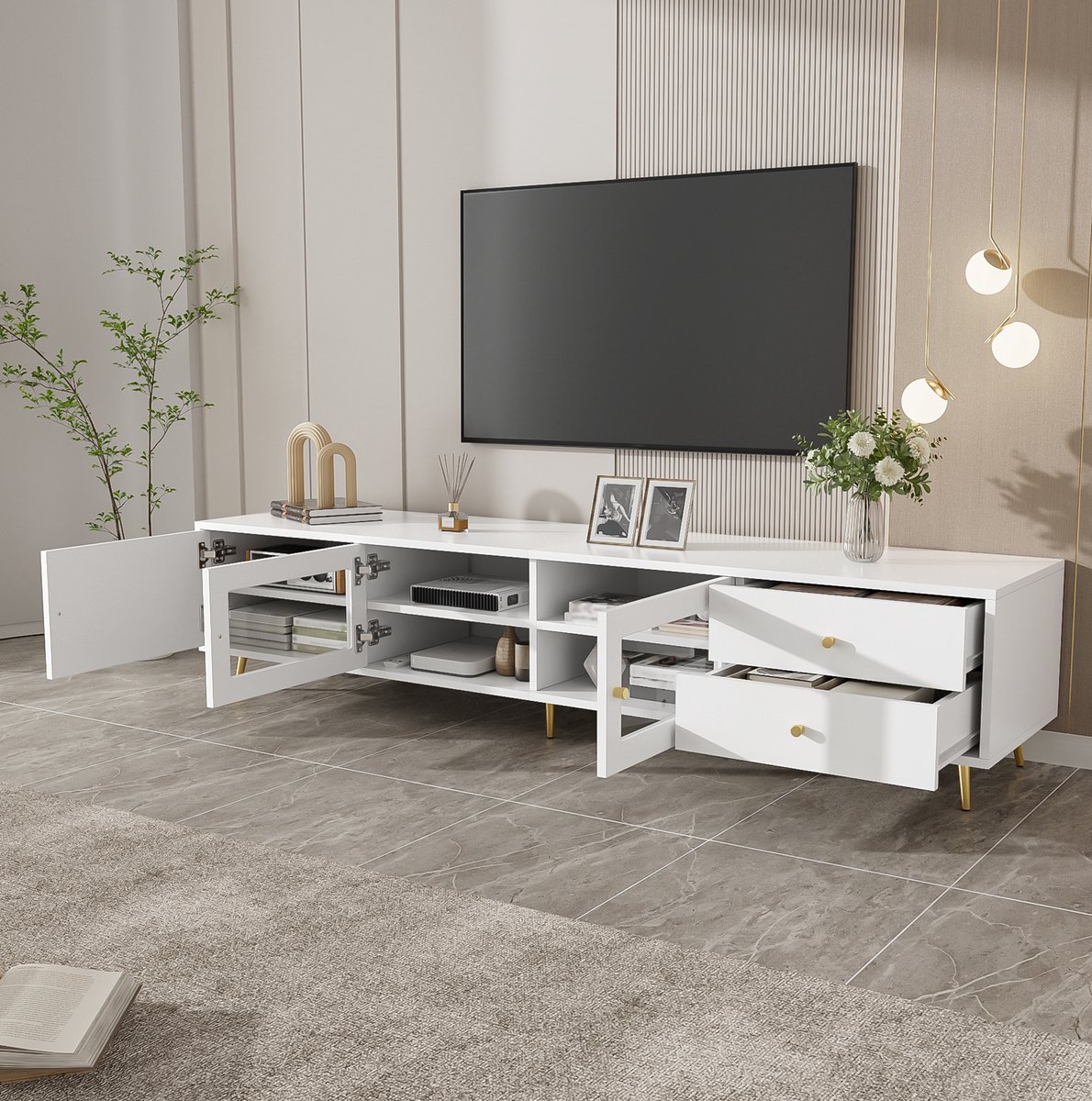 REDOM - TV meubel - 2 lades - verstelbare planken - glazen deuren en kastdeur - metalen handgrepen - modern - woonkamer - spaanplaat - wit - 170 x 40 x 43 cm