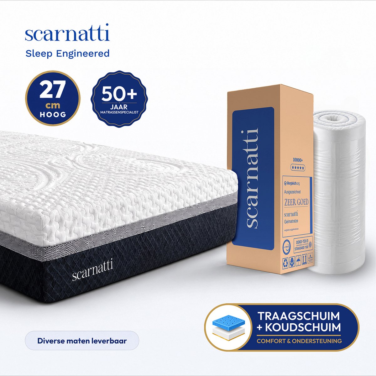 SCARNATTI Excellence Matras 120x200 - 27 cm - Traagschuim & Koudschuim - 7 Zones - Drukverlagend - Twijfelaar Wit