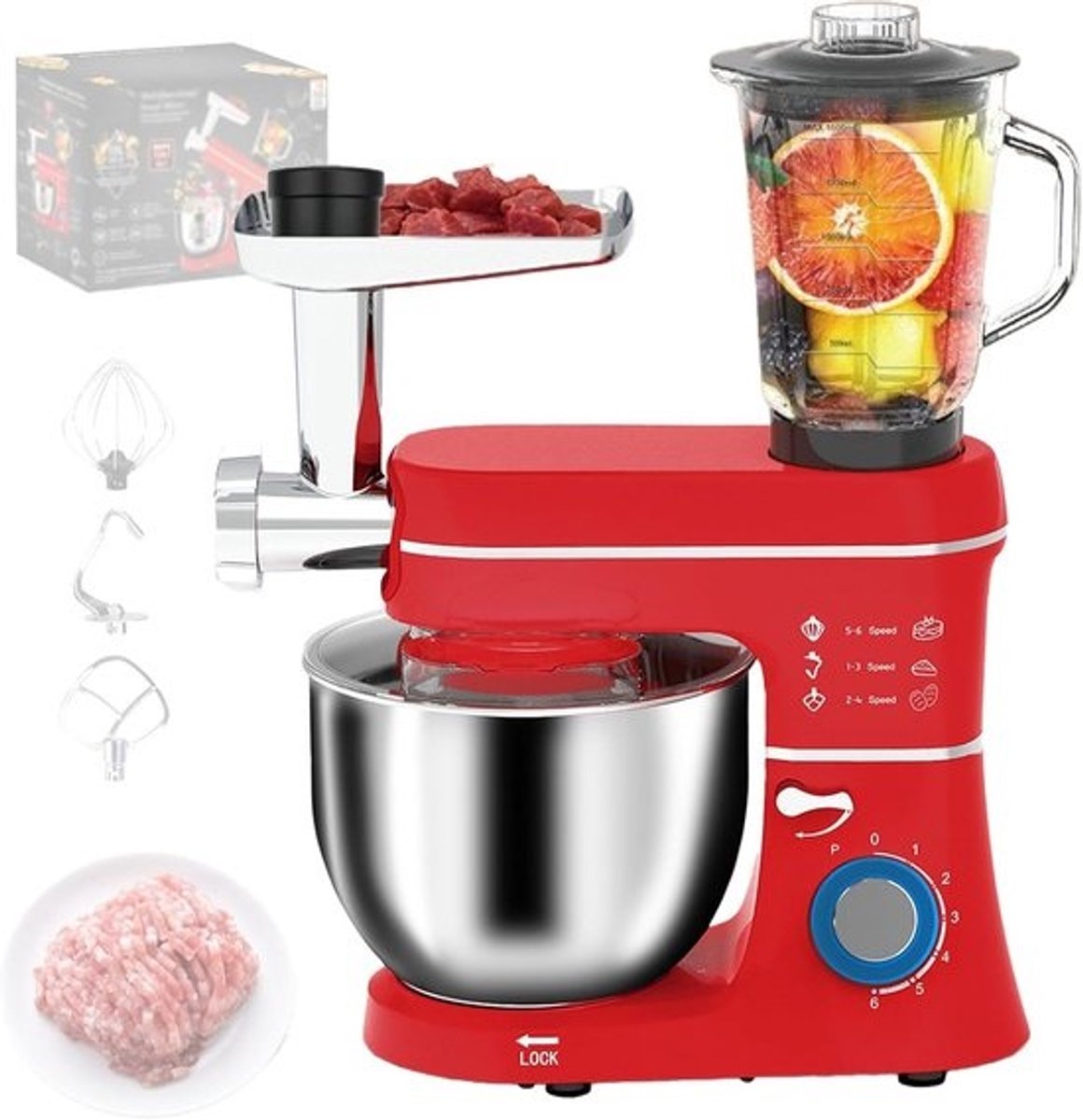 Keukenmachine - Mixer Deegmaker - Bakken en Koken - 10L Kom Vleesmolen - 1400W 6 Snelheden - Rood