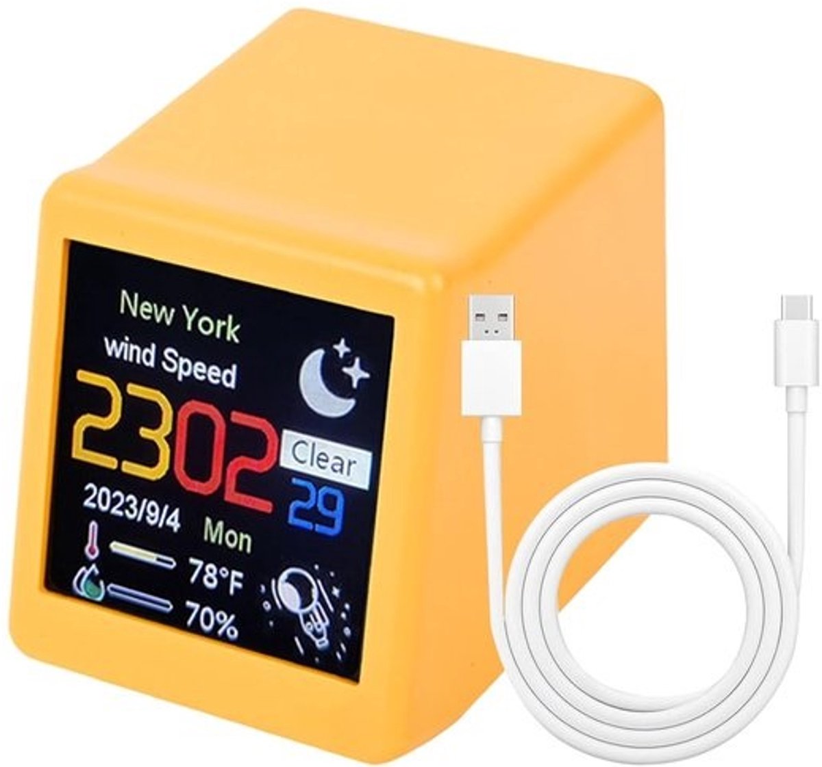 Digitale Weerklok - Weerstation Klok - Thuis Weersvoorspelling - Wifi Weerupdates - Compact Formaat - Geel
