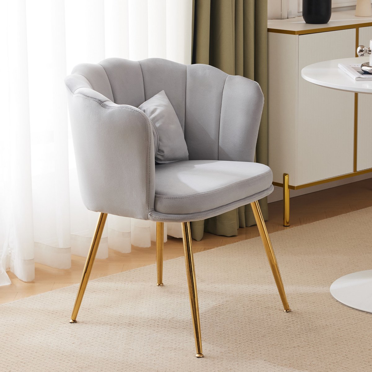Wishdor Fauteuil met bloemenrugsleuning en sierkussen - Geleverd met gouden metalen poten en zachte bekleding - Design - Woonkamer slaapkamer eetkamer - Velvet - Grijs - 63 x 58 x 77 cm