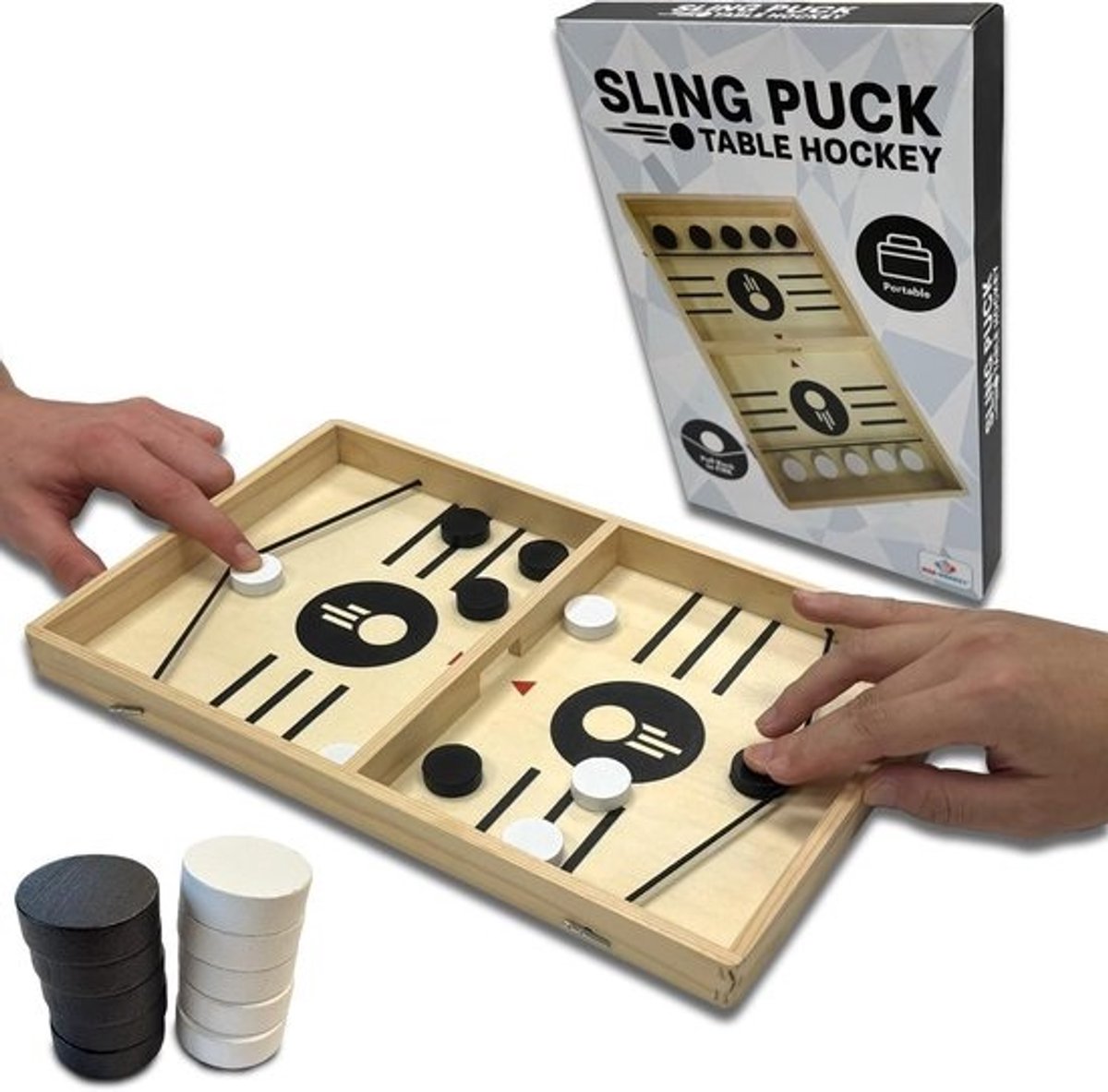 Slingerpuck Spel - Tafelvoetbal Tafelhockey - Thuis Kantoor Plezier - Hoge Kwaliteit Hout - 35x22 cm - Zwart Wit