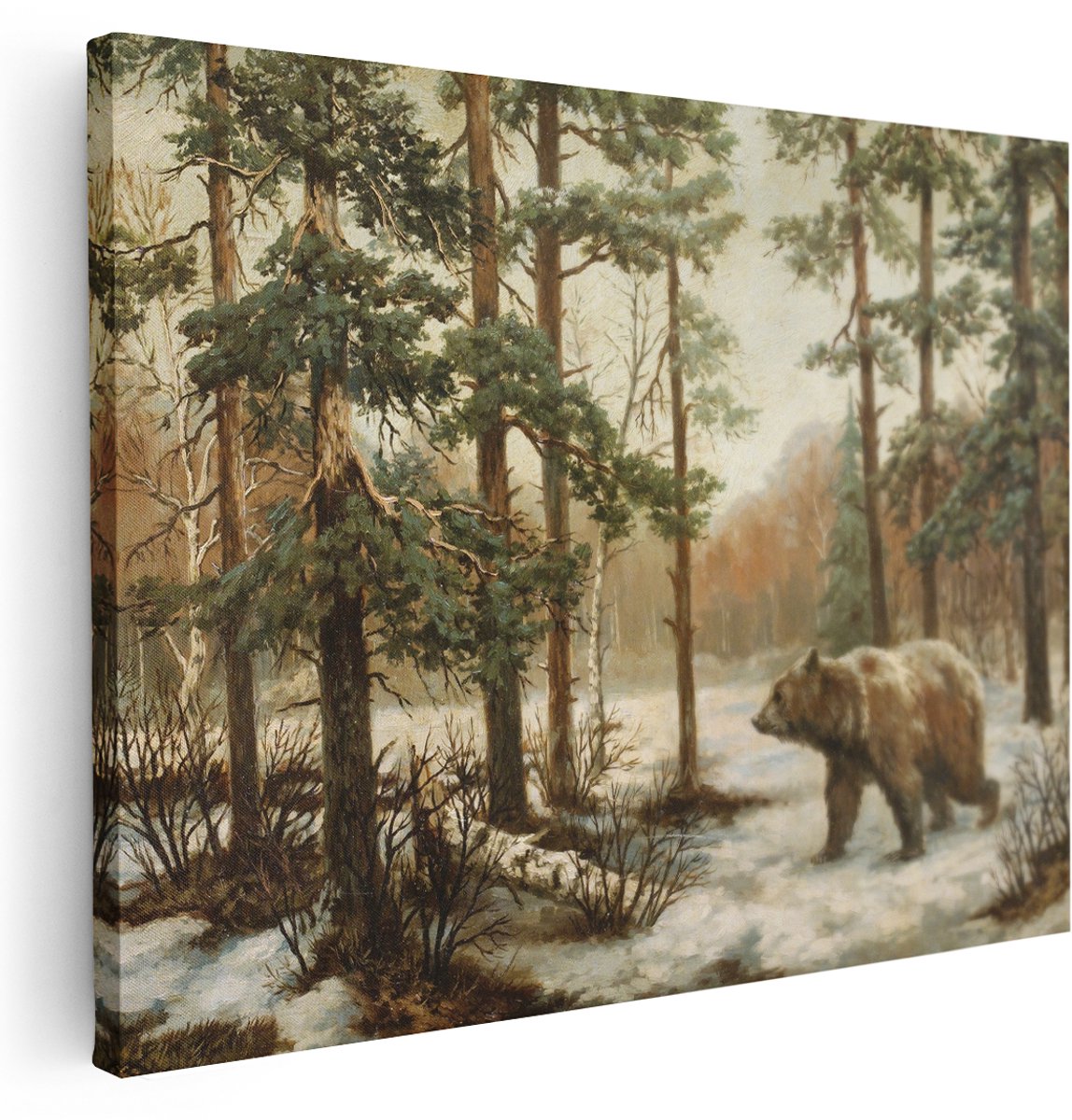 Artaza Canvas Schilderij Bos - 160x120 cm - Groot - Wanddecoratie Beer In Sneeuw - Muurdecoratie Pijnbomen - Schilderijen Op Canvas Natuur