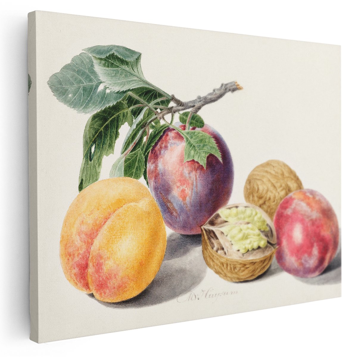 Artaza Canvas Schilderij Botanisch Stilleven - 160x120 cm - Groot - Wanddecoratie Perzik En Pruim - Muurdecoratie Vintage Fruit - Klassieke Schilderijen Walnoot