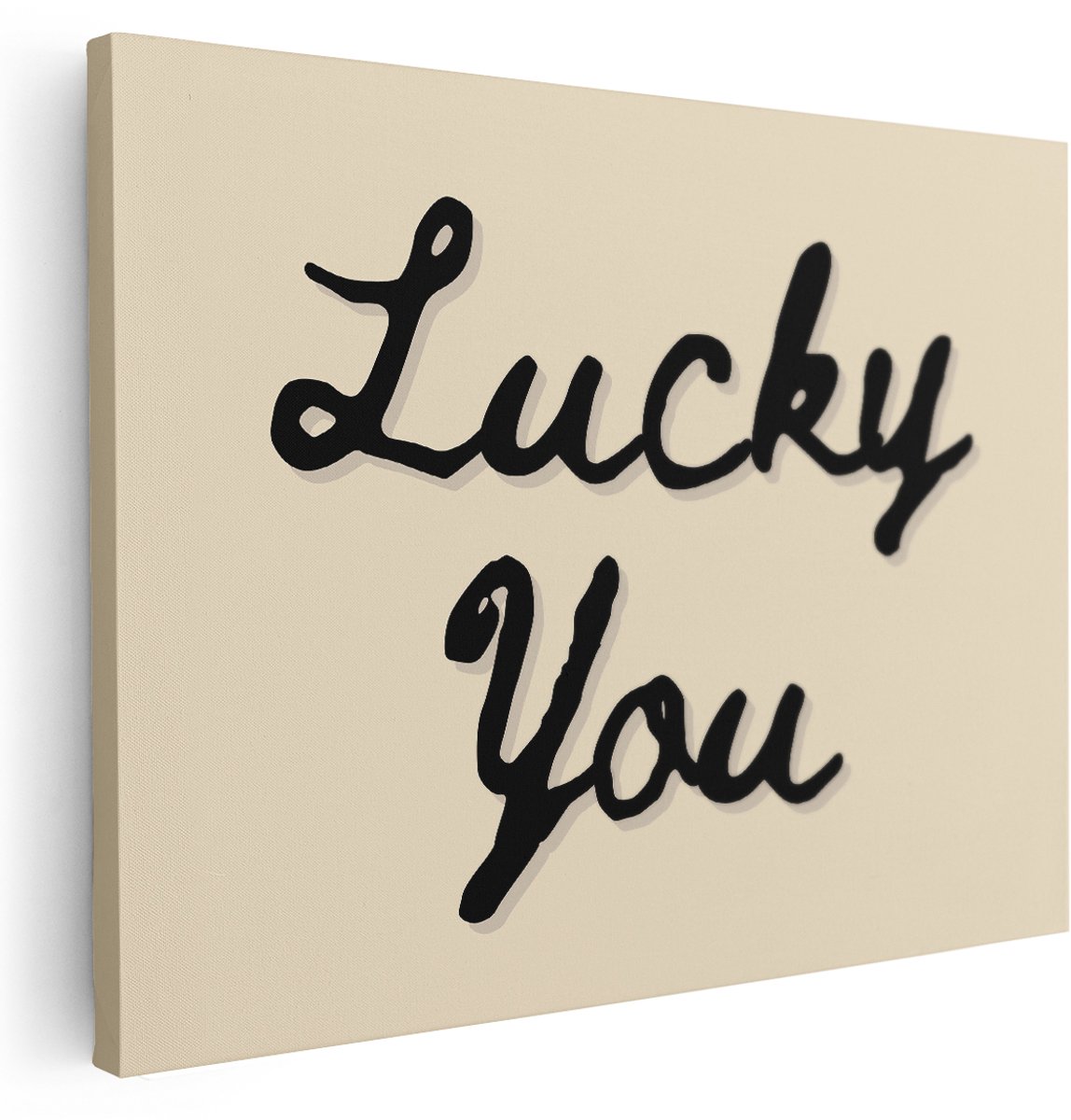 Artaza Canvas Schilderij Tekst Lucky You - 160x120 cm - Groot - Wanddecoratie Retro - Muurdecoratie Beige - Schilderijen Op Canvas Vintage