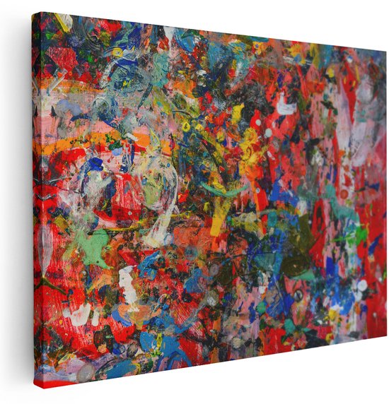 Gros plan d'une peinture abstraite avec des éclaboussures de peinture multicolores et des couches épaisses de peinture. Les couleurs rouge, bleue et jaune dominent.