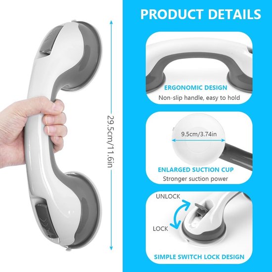 Grijpbeugel van 29,5 cm met ergonomisch, antislip handvat en vergrote zuignap.