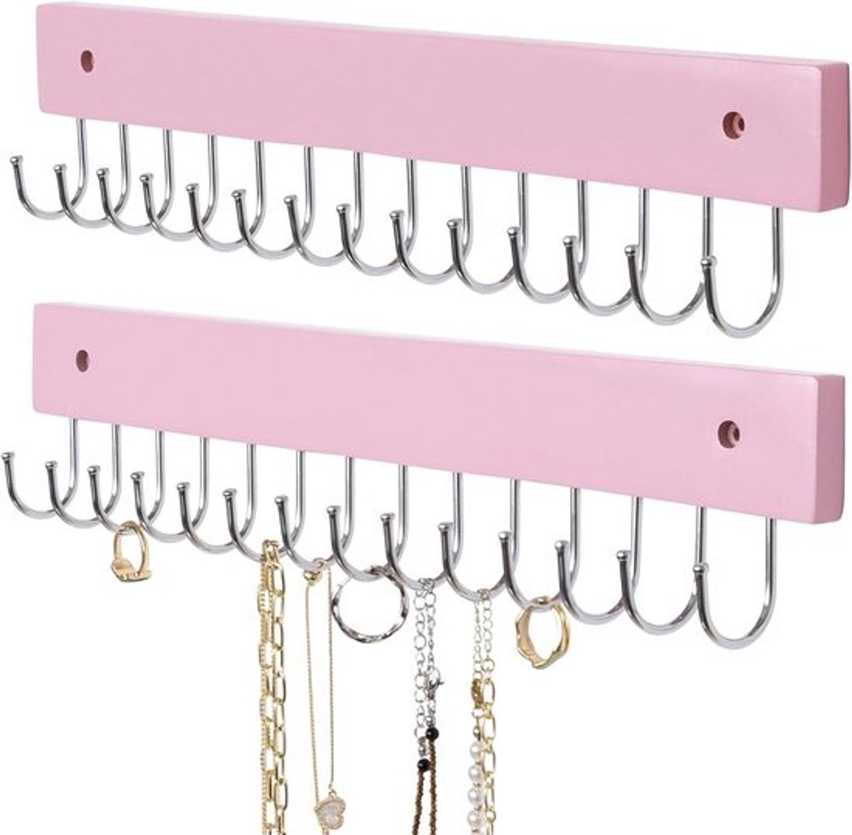 Wandgemonteerde Kettinghouder met 28 Haken - Roze Wanddecoratie voor Sieraden, Knoopvrij
