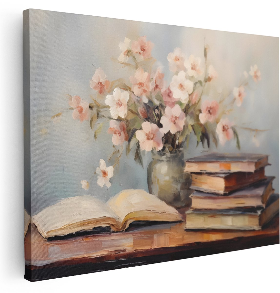 Artaza Canvas Schilderij Bloemen - 160x120 cm - Groot - Wanddecoratie Stilleven Boeken - Muurdecoratie Brocante - Schilderijen Op Canvas Roze