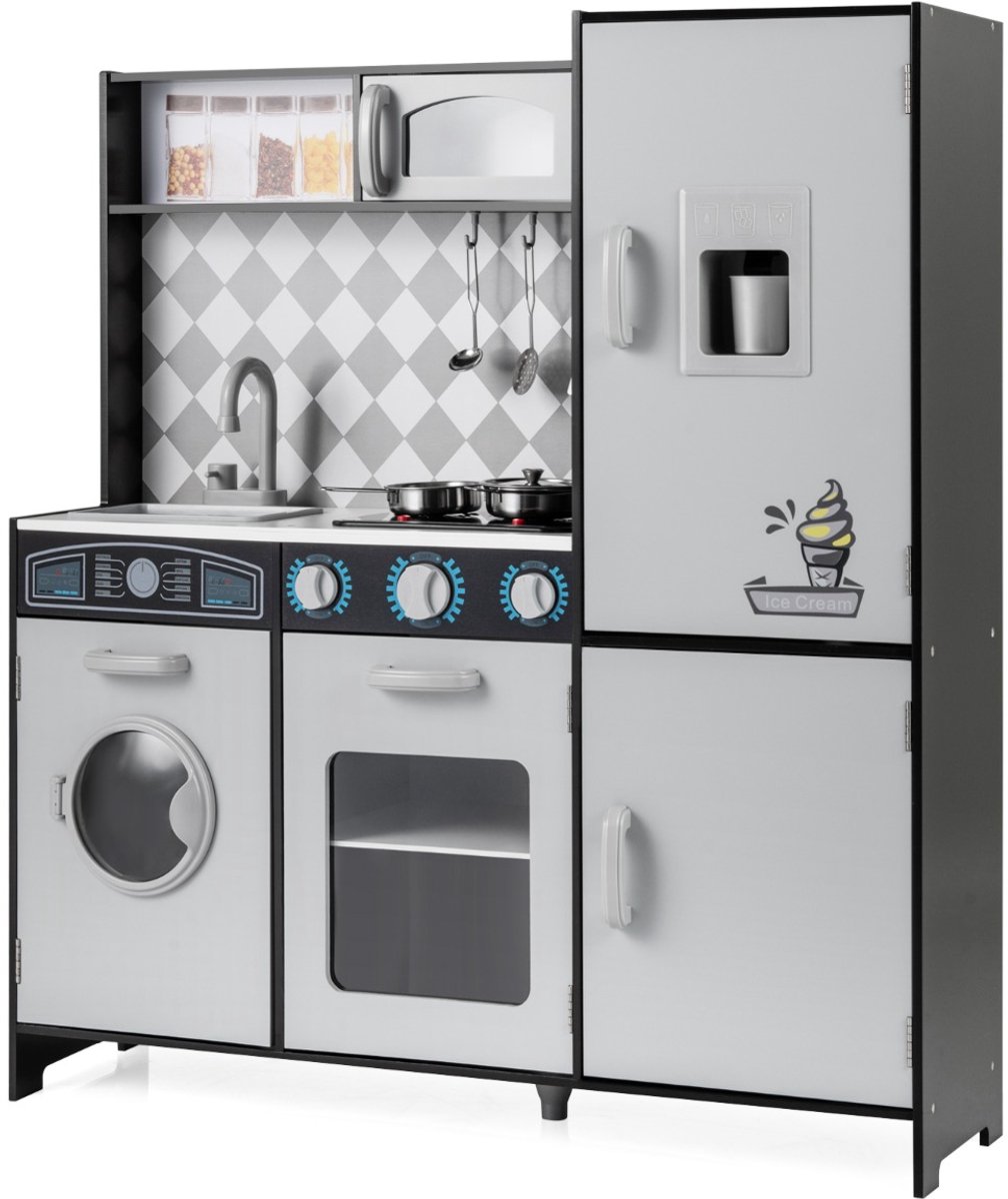 SureDeal® - Rollenspell - Houten Speelkeuken Keukenspeelset - Ijsmachine Fornuis Wasmachine - 91x30x102 cm - Grijs