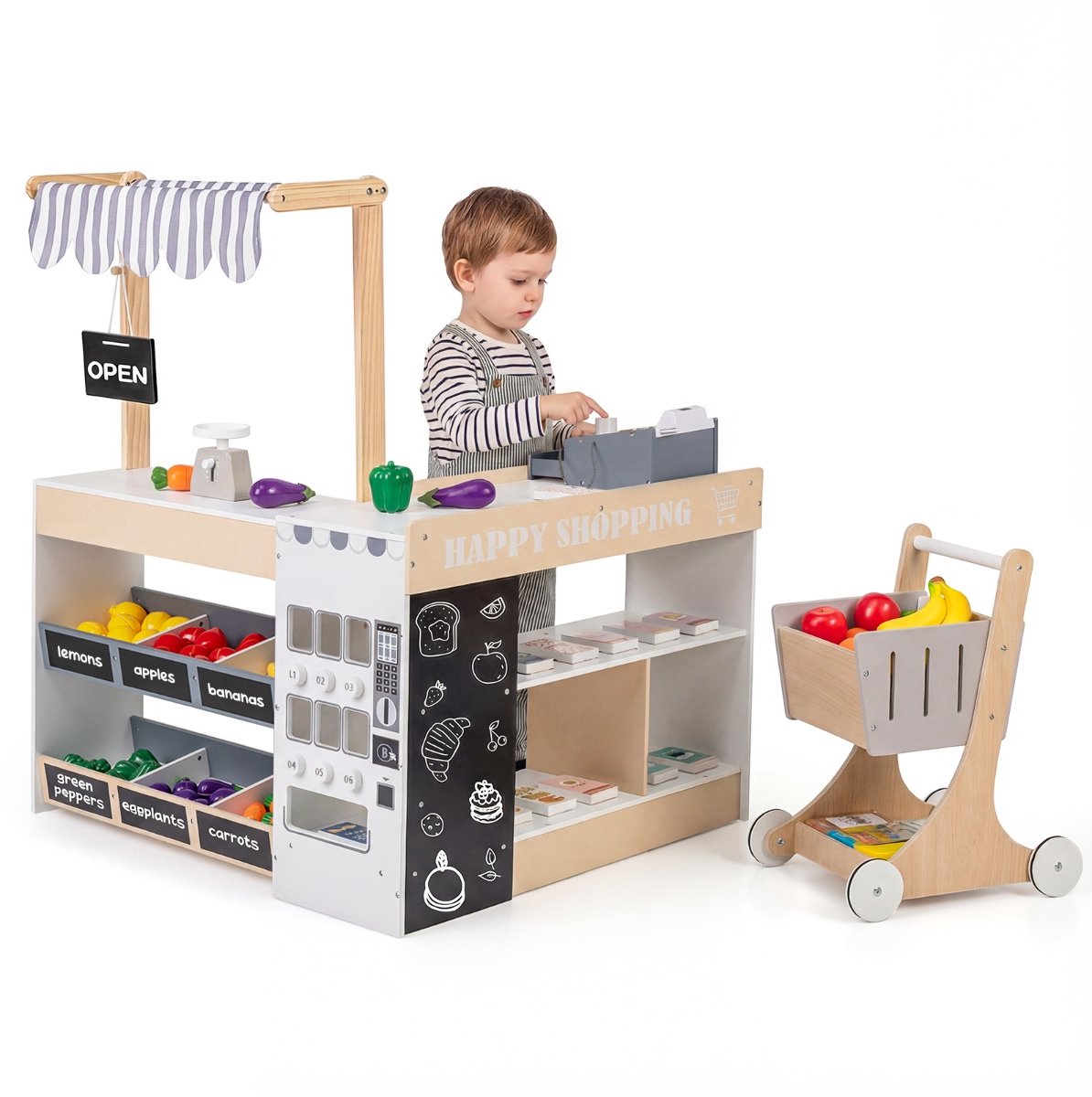 SureDeal® - Rollenspell - Kinderwinkel Houten Winkel - Winkelwagen Speelgoedautomaat Kassa - Speelgoedvoeding - 89,5x79x104,5 cm - Naturel