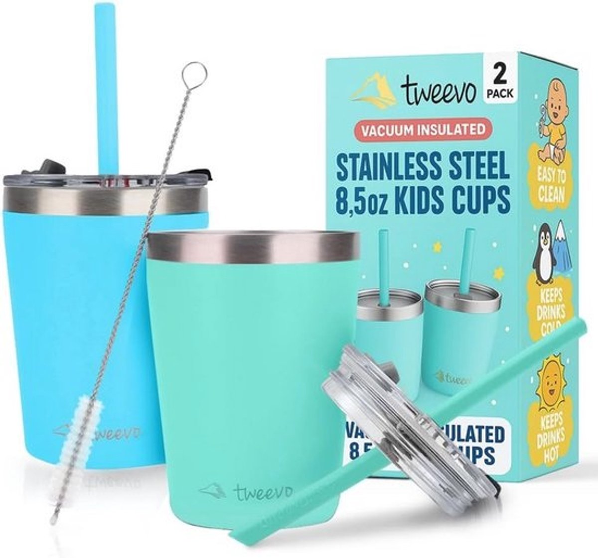 Peuter Snavelbeker met Schroefdeksel - Roestvrijstalen Kinderbeker met Rietjes (2 Stuks, Blauw & Groen, 240 ml)