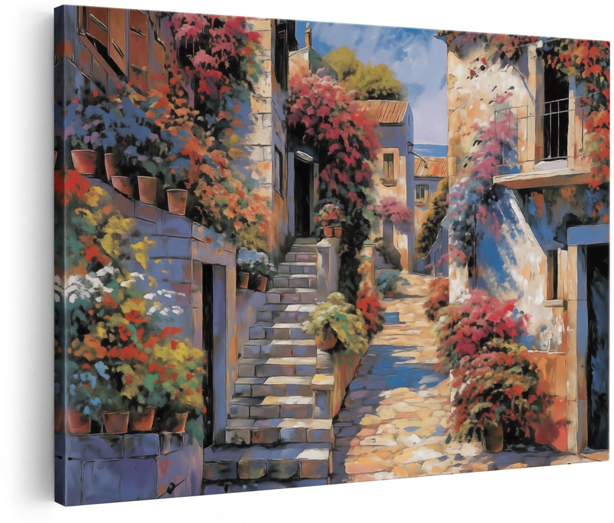 Artaza Canvas Schilderij Straat met Trappen en Bloemen - Bloemen - 150x100 cm - Groot - Wanddecoratie Woonkamer - Schilderijen - Muurdecoratie