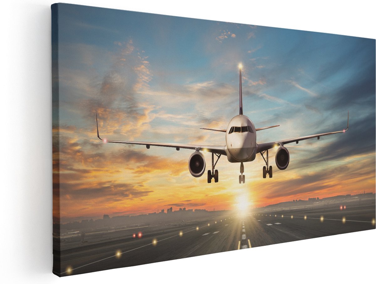 Artaza Canvas Schilderij Vliegtuig Met Een Landing Op De Luchthaven - 140x70 cm - Groot - Wanddecoratie Woonkamer - Schilderijen - Muurdecoratie