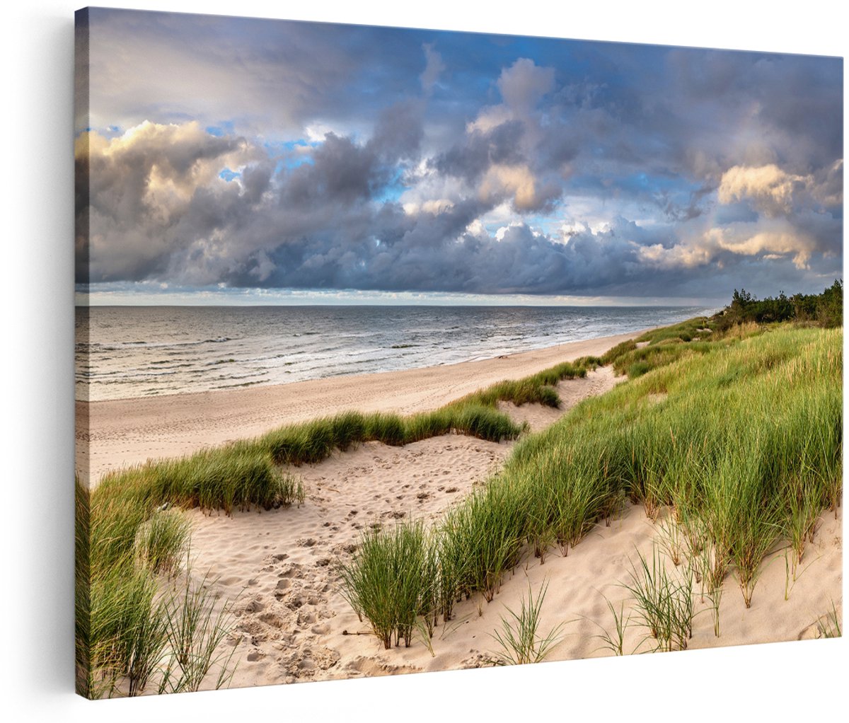 Artaza Canvas Schilderij Strand en Duinen met Bewolking - 150x100 cm - Groot - Foto Op Canvas - Wanddecoratie Woonkamer