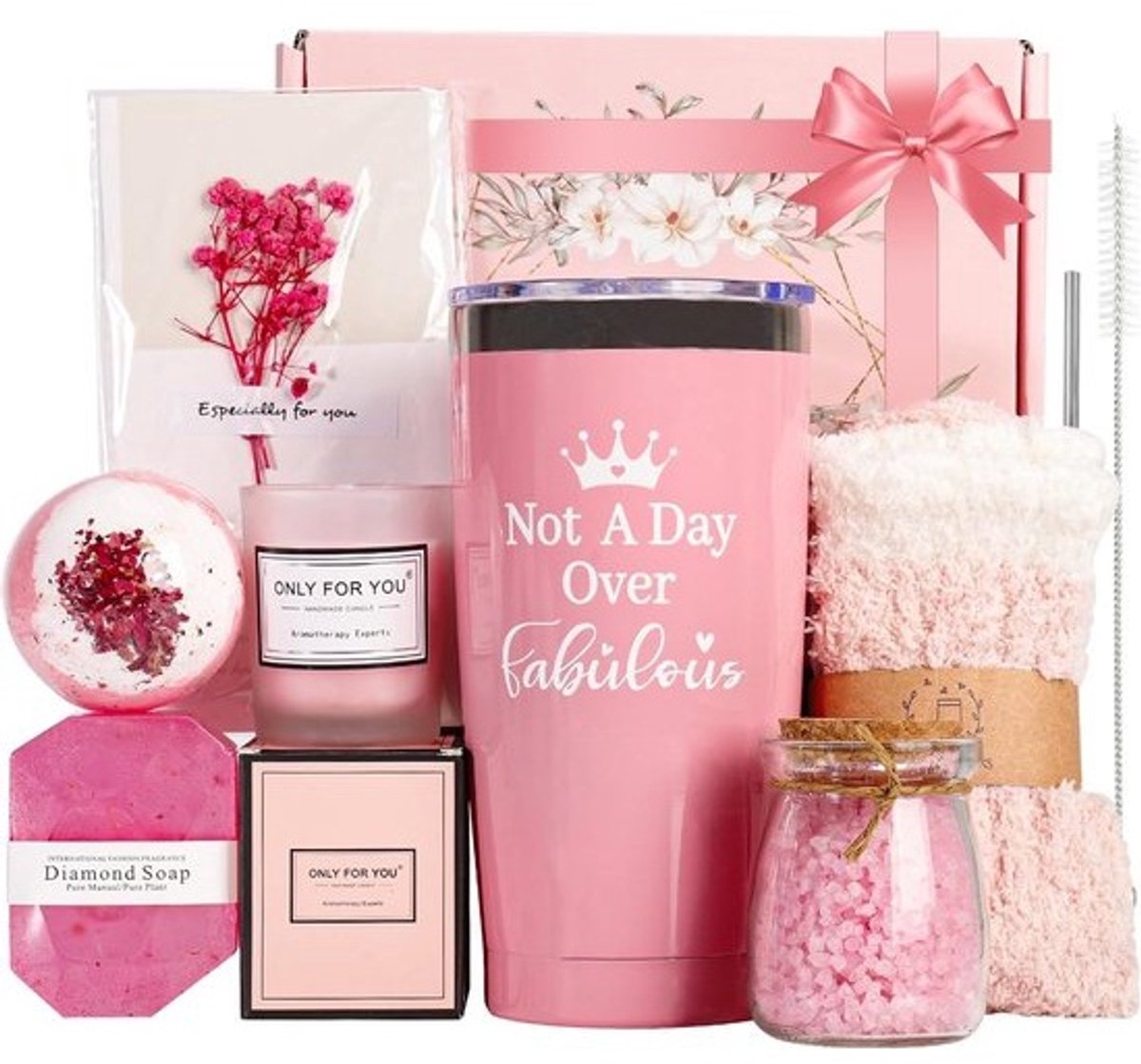 Aromatherapy Badset Geschenkverpakking - 600 ml Dubbelwandige RVS Drinkbeker, Geurkaars, Handgemaakt Zeep, Badzout, Sokken