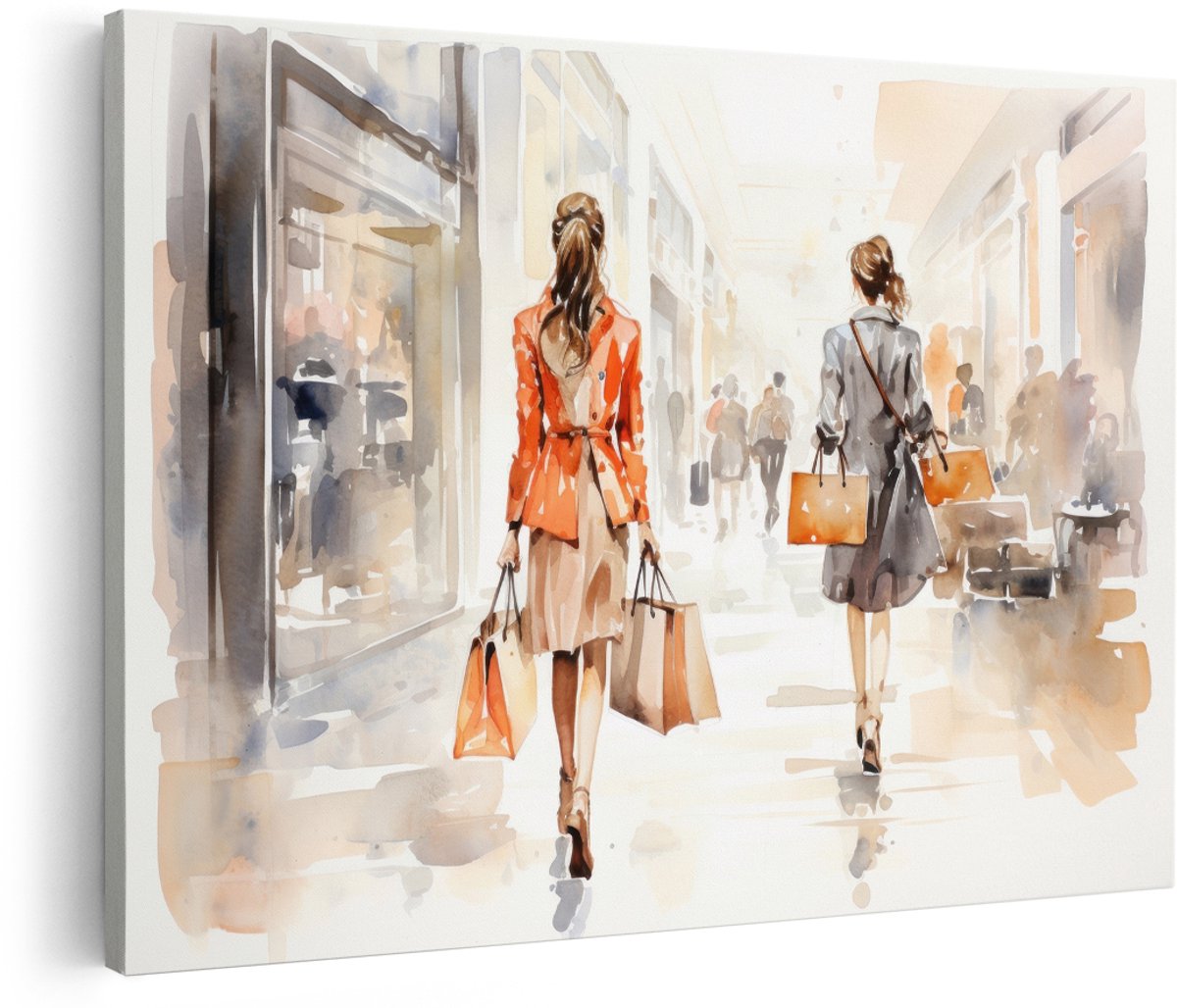 Artaza Canvas Schilderij Vrouwen Shoppen - 150x100 cm - Groot - Wanddecoratie Modern - Muurdecoratie Aquarel Mode - Schilderijen Op Canvas Vrouw - Oranje