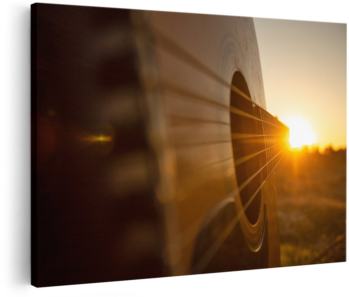 Artaza Canvas Schilderij Gitaar Spelen Tijdens Zonsondergang - 150x100 cm - Groot - Wanddecoratie Woonkamer - Schilderijen - Muurdecoratie