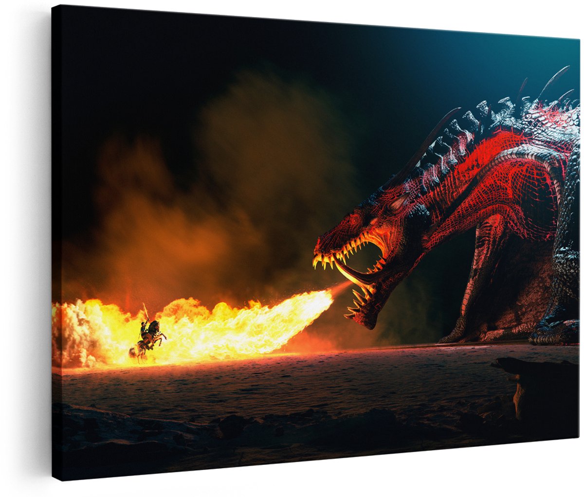 Artaza Canvas Schilderij Draak Spuwt Vuur op een Paard en Knecht - 150x100 cm - Groot - Foto Op Canvas - Wanddecoratie Woonkamer