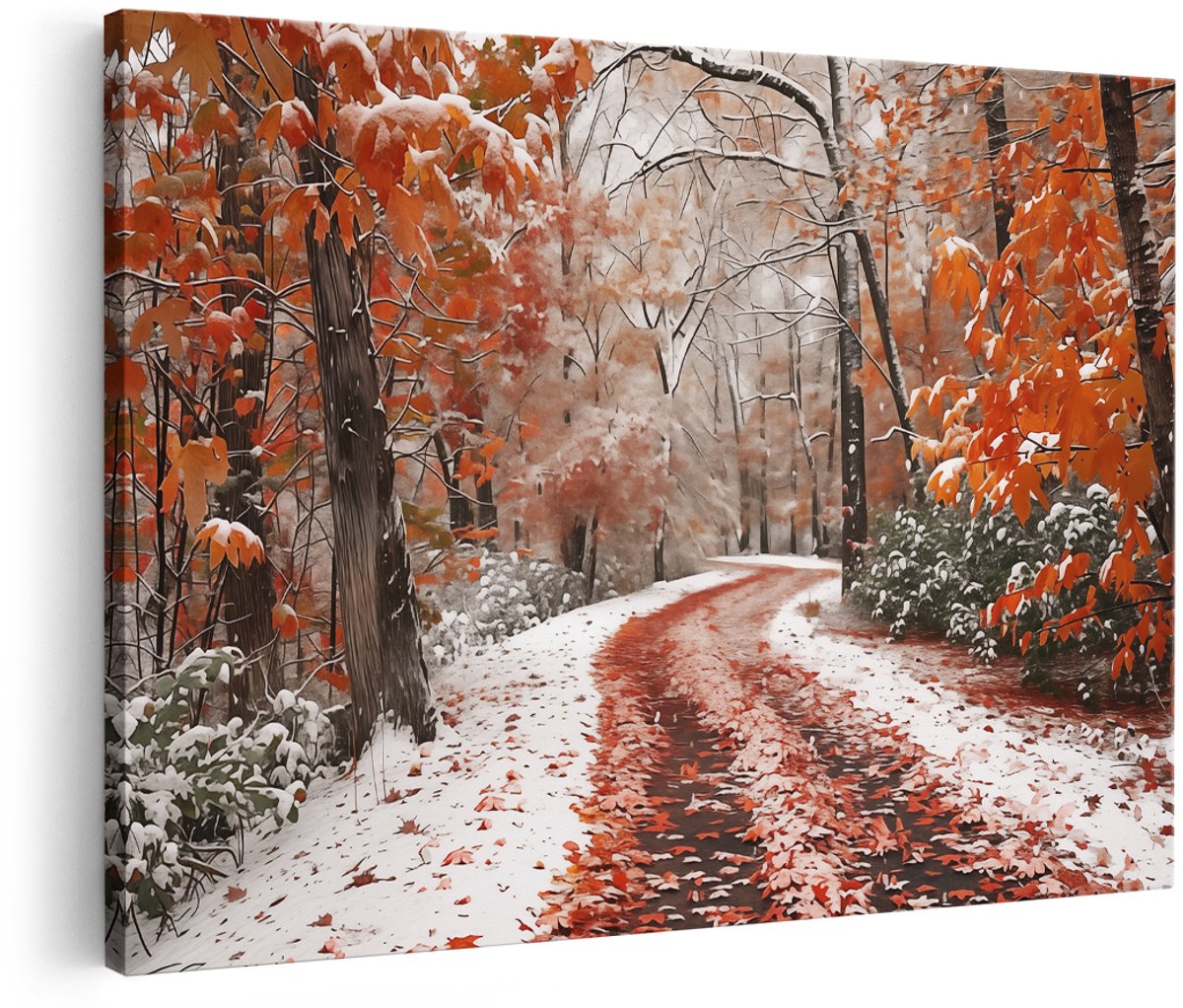 Artaza Canvas Schilderij Besneeuwd Pad in een Bosrijke Omgeving - 150x100 cm - Groot - Wanddecoratie Woonkamer - Schilderijen - Muurdecoratie