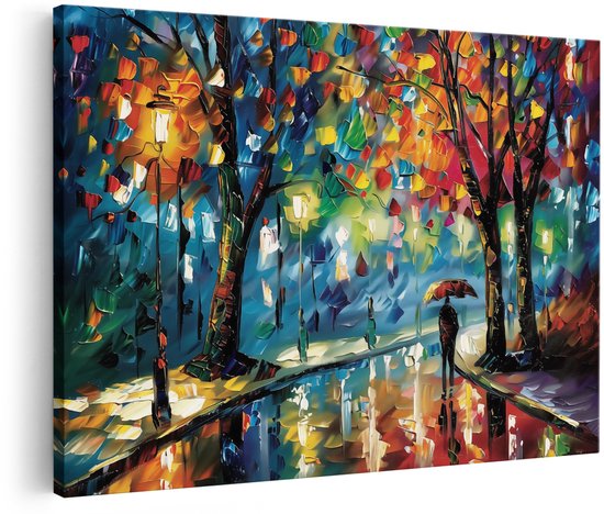 Een close-up van een abstract schilderij van een persoon met een rode paraplu lopend op een natte straat onder een regenachtige avond, met bomen en straatlantaarns.