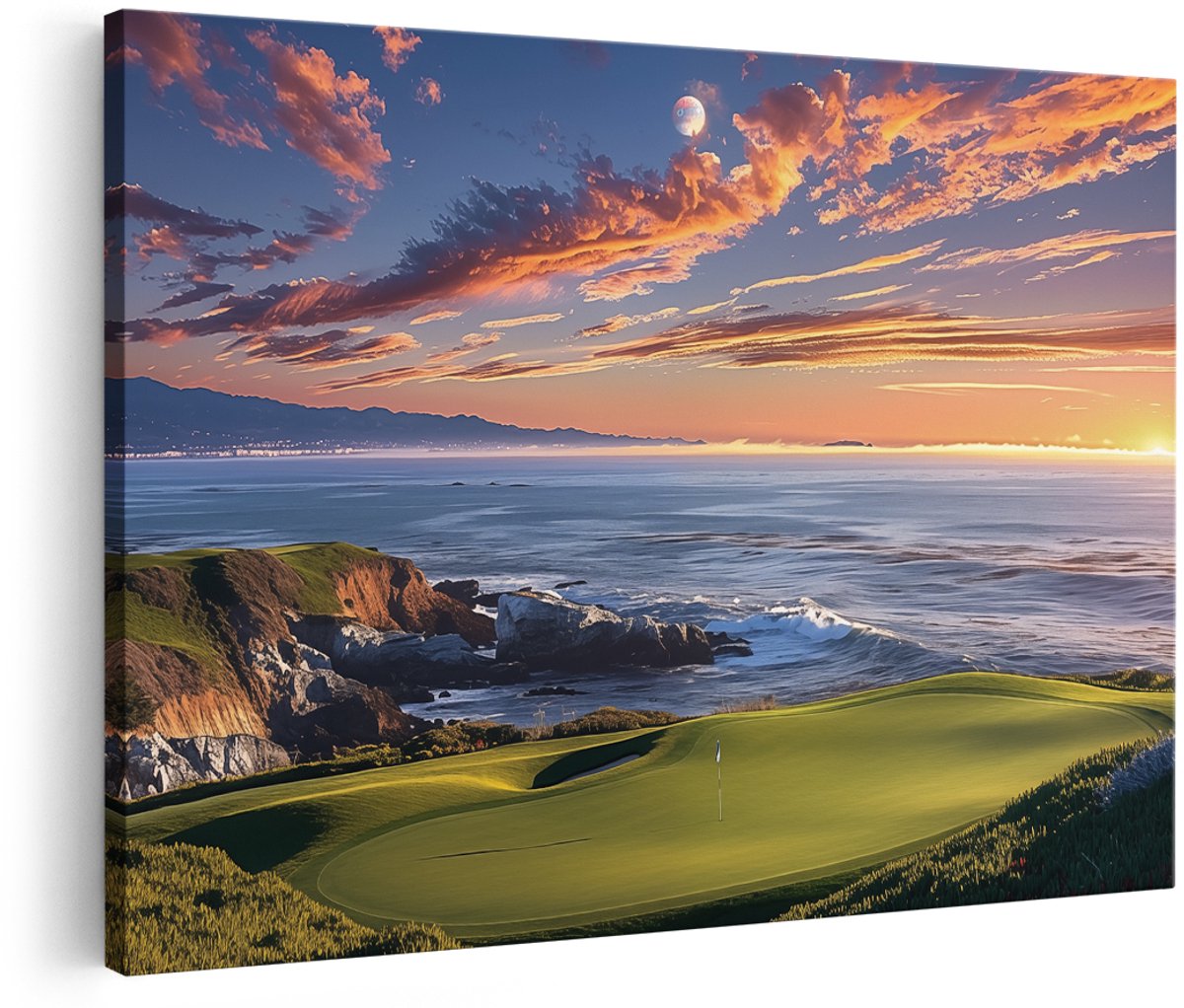 Artaza Canvas Schilderij Golfbaan bij Zonsondergang met Oceaan - 150x100 cm - Groot - Wanddecoratie Woonkamer - Schilderijen - Muurdecoratie