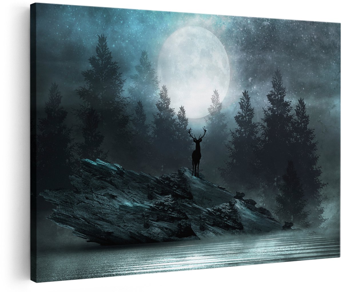 Artaza Canvas Schilderij Hert Op Een Rots Tijdens Volle Maan - 150x100 cm - Groot - Wanddecoratie Woonkamer - Schilderijen - Muurdecoratie