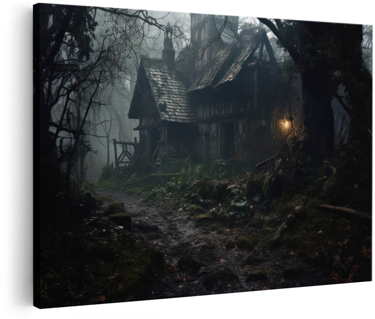 Artaza Canvas Schilderij Mistig Bos - 150x100 cm - Groot - Wanddecoratie Cottage - Muurdecoratie Landschap - Decoratie Donker Bos - Schilderijen Op Canvas