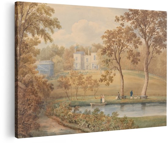 Gedetailleerd landschapsschilderij met landhuis, bomen en waterpartij.