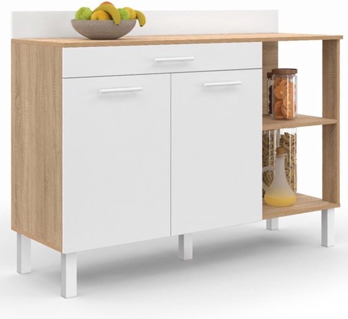Keukenladekast - Dressoir Keuken - Keuken Organiseren - 2 Deuren + Lade - 120 cm - Beige en Wit
