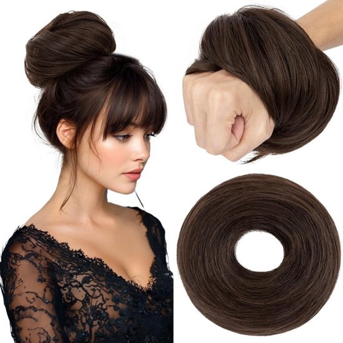 Dikke Haarknot Scrunchie van Echte Haar - Elastische Haarstuk voor Direct Volume - Donkerbruin